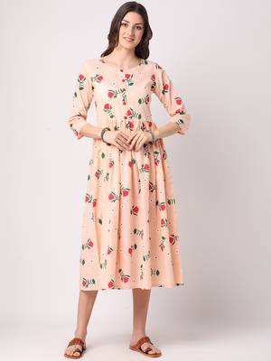 Peach printed cotton long-dresses 1
