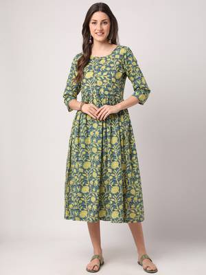 Green printed cotton long-dresses 1