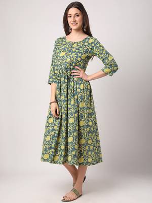 Green printed cotton long-dresses 2