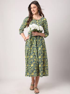 Green printed cotton long-dresses 5