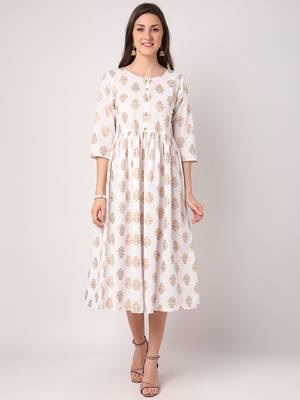 White printed cotton long-dresses 1