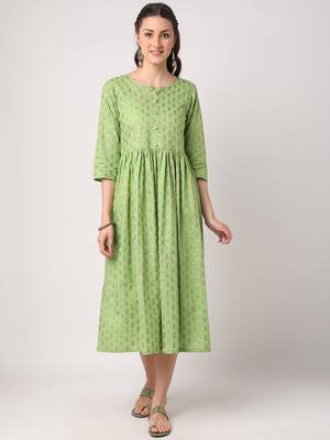 Green printed cotton long-dresses 1
