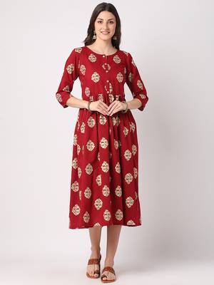 Maroon printed cotton long-dresses 1