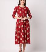 Maroon printed cotton long-dresses