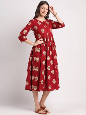 Maroon printed cotton long-dresses 2