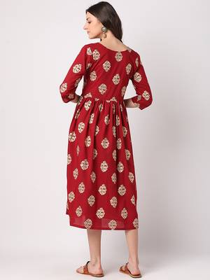 Maroon printed cotton long-dresses 3