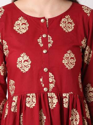 Maroon printed cotton long-dresses 4