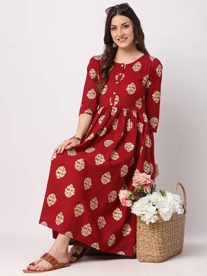 Maroon printed cotton long-dresses 5