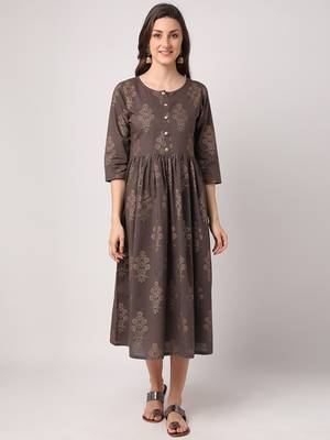 Grey printed cotton long-dresses 1