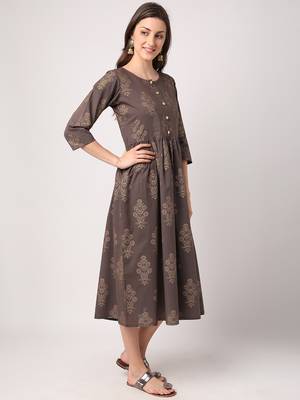Grey printed cotton long-dresses 2