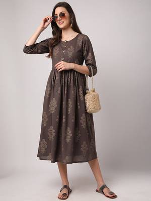 Grey printed cotton long-dresses 5