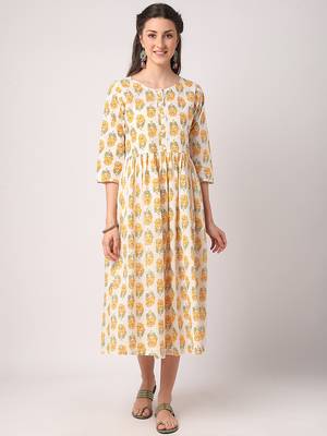 White printed cotton long-dresses 1