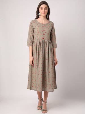 Grey printed cotton long-dresses 1