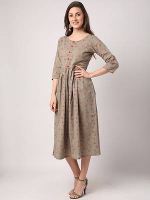 Grey printed cotton long-dresses 2
