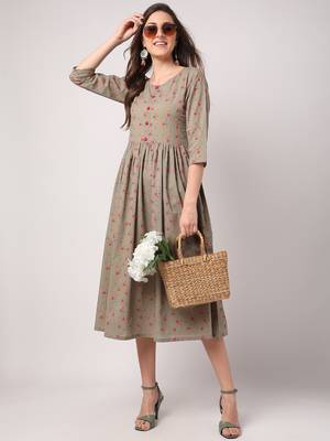 Grey printed cotton long-dresses 5