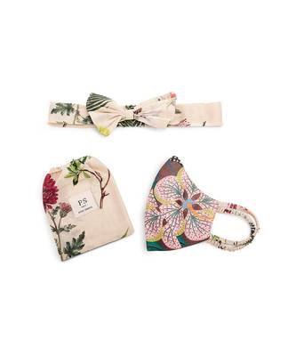 Payal Singhal Brown Abutilon And Peach Bageecha Print Reversible 3 Ply Mask With Pouch And Hairband Set 1