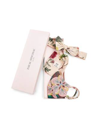 Payal Singhal Brown Abutilon And Peach Bageecha Print Reversible 3 Ply Mask With Pouch And Hairband Set 2