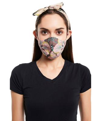 Payal Singhal Brown Abutilon And Peach Bageecha Print Reversible 3 Ply Mask With Pouch And Hairband Set 3
