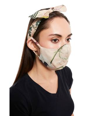 Payal Singhal Brown Abutilon And Peach Bageecha Print Reversible 3 Ply Mask With Pouch And Hairband Set 4