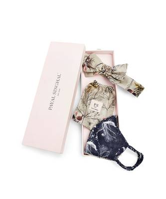 Payal Singhal Navy Jannat And Olive Wild Print Reversible 3 Ply Mask With Pouch And Hairband Set 2