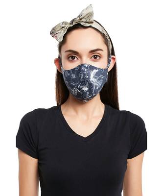 Payal Singhal Navy Jannat And Olive Wild Print Reversible 3 Ply Mask With Pouch And Hairband Set 3