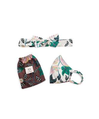 Payal Singhal White Abutilon And Brown Abutilon Print Reversible 3 Ply Mask With Pouch And Hairband Set 1