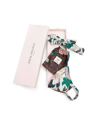 Payal Singhal White Abutilon And Brown Abutilon Print Reversible 3 Ply Mask With Pouch And Hairband Set 2
