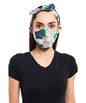 Payal Singhal White Abutilon And Brown Abutilon Print Reversible 3 Ply Mask With Pouch And Hairband Set 3