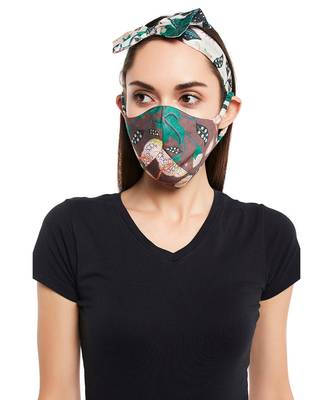 Payal Singhal White Abutilon And Brown Abutilon Print Reversible 3 Ply Mask With Pouch And Hairband Set 4