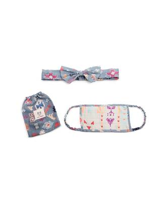 Payal Singhal Grey Ikat Stripe And Blue Bandhini Kilim Print Pleated 3 Ply Mask With Pouch And Hairband Set 1