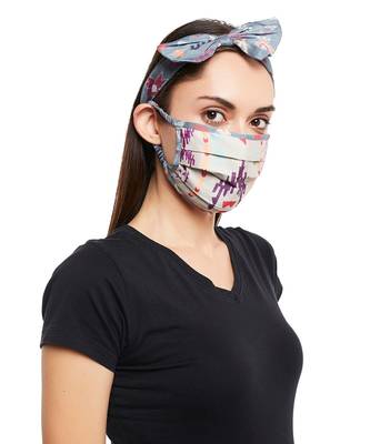 Payal Singhal Grey Ikat Stripe And Blue Bandhini Kilim Print Pleated 3 Ply Mask With Pouch And Hairband Set 4