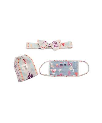 Payal Singhal Blue Bandhani Kilim And Grey Ikat Stripe Print Pleated 3 Ply Mask With Pouch And Hairband Set 1