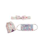 Payal Singhal Blue Bandhani Kilim And Grey Ikat Stripe Print Pleated 3 Ply Mask With Pouch And Hairband Set