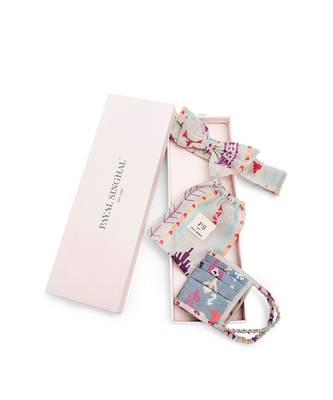 Payal Singhal Blue Bandhani Kilim And Grey Ikat Stripe Print Pleated 3 Ply Mask With Pouch And Hairband Set 2