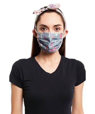 Payal Singhal Blue Bandhani Kilim And Grey Ikat Stripe Print Pleated 3 Ply Mask With Pouch And Hairband Set 3