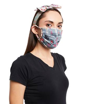 Payal Singhal Blue Bandhani Kilim And Grey Ikat Stripe Print Pleated 3 Ply Mask With Pouch And Hairband Set 4