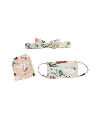 Payal Singhal Powder Blue Bageecha And Peach Bageecha Print Pleated 3 Ply Mask With Pouch And Hairband Set 1