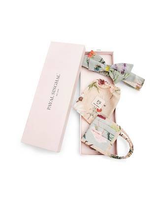 Payal Singhal Powder Blue Bageecha And Peach Bageecha Print Pleated 3 Ply Mask With Pouch And Hairband Set 2