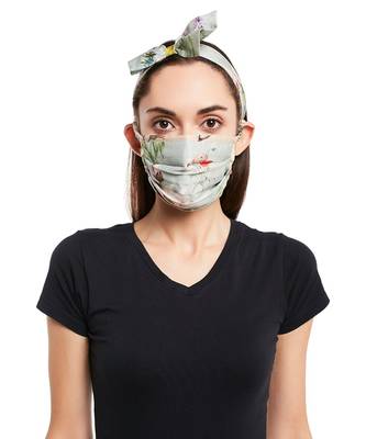 Payal Singhal Powder Blue Bageecha And Peach Bageecha Print Pleated 3 Ply Mask With Pouch And Hairband Set 3