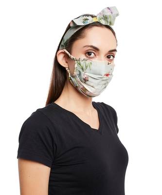 Payal Singhal Powder Blue Bageecha And Peach Bageecha Print Pleated 3 Ply Mask With Pouch And Hairband Set 4
