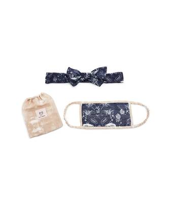 Payal Singhal Navy Jannat And Beige Khargosh Print Pleated 3 Ply Mask With Pouch And Hairband Set 1