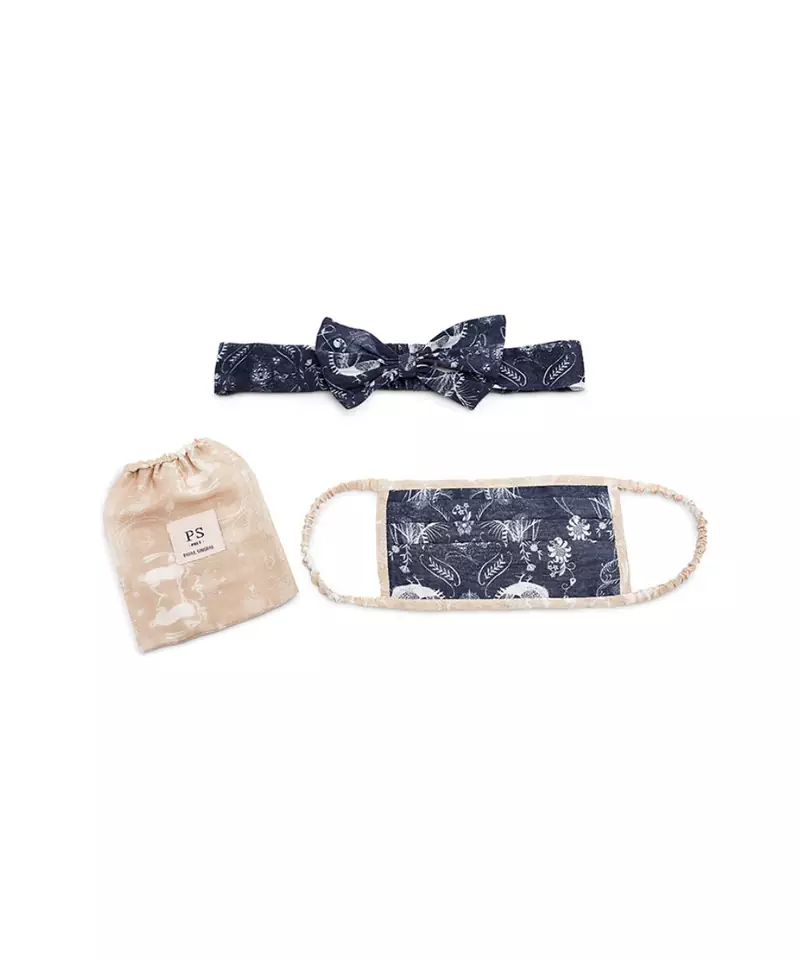 Navy Jannat Beige Khargosh Print Pleated  Ply Mask With Pouch Hairb