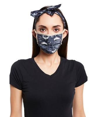 Payal Singhal Navy Jannat And Beige Khargosh Print Pleated 3 Ply Mask With Pouch And Hairband Set 3