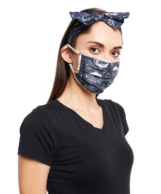 Payal Singhal Navy Jannat And Beige Khargosh Print Pleated 3 Ply Mask With Pouch And Hairband Set 4
