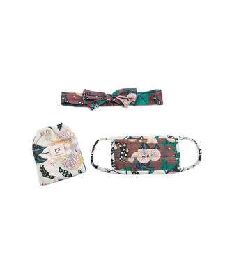 Payal Singhal Brown Abutilon And White Abutilon Print Pleated 3 Ply Mask With Pouch And Hairband Set 1
