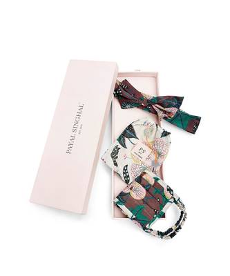 Payal Singhal Brown Abutilon And White Abutilon Print Pleated 3 Ply Mask With Pouch And Hairband Set 2