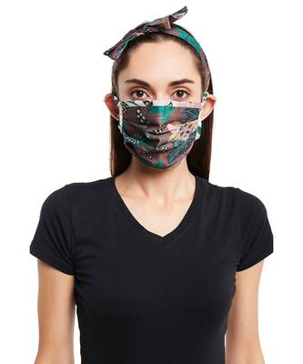 Payal Singhal Brown Abutilon And White Abutilon Print Pleated 3 Ply Mask With Pouch And Hairband Set 3