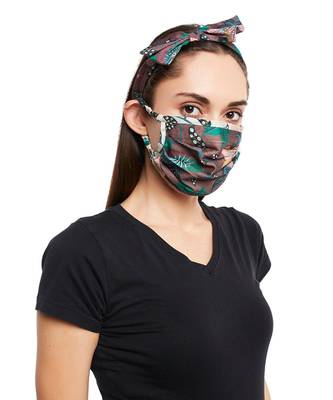 Payal Singhal Brown Abutilon And White Abutilon Print Pleated 3 Ply Mask With Pouch And Hairband Set 4