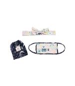 Payal Singhal Lavender Lime Bandhani Kilim And Navy Jannat Print Pleated 3 Ply Mask With Pouch And Hairband Set
