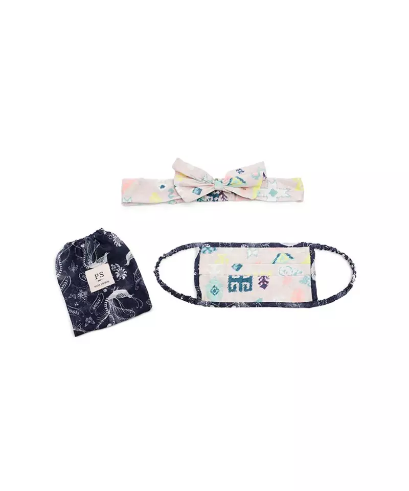 Lavender Lime Bandhani Kilim Navy Jannat Print Pleated  Ply Mask With Pouch Hairb